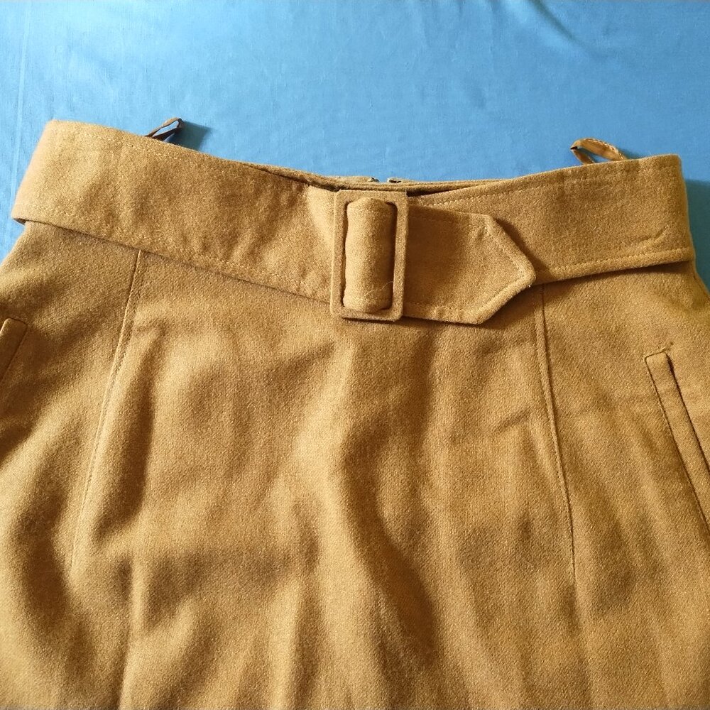 90s Long Pencil Tan Wool Skirt Faux Belt Midi Maxi